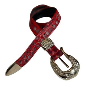 Vintage St. Maarten Red Crocodile Embossed Western Belt Silver Buckle Size L